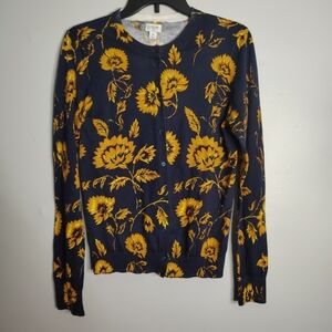JCrew Blue Yellow Floral Sunflower Lightweight Cardigan Sweater Women's Medium